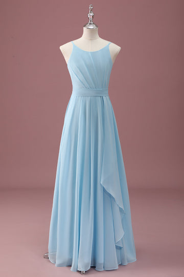 Bleu ciel Une ligne spaghetti bretelles volants Robe de demoiselle d’honneur junior